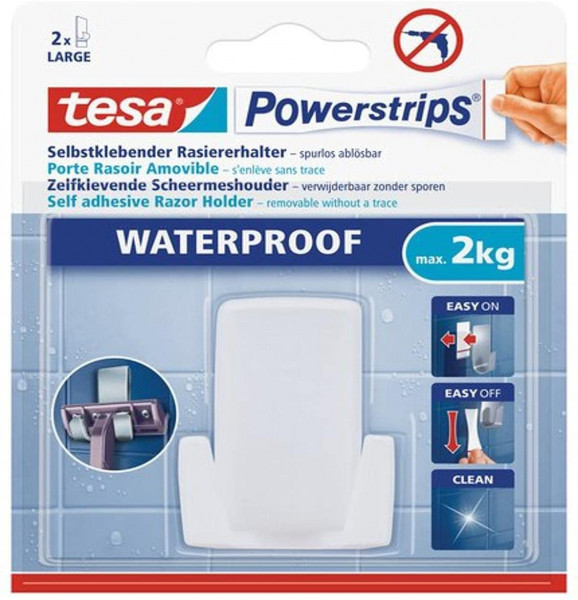 tesa Powerstrips Selbstklebender Rasiererhalter, spurlos ablösbar, waterproof, weiß, max, 2 kg