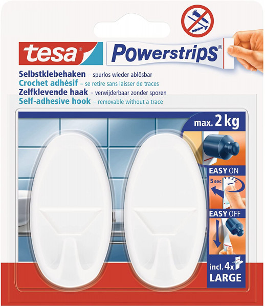 tesa Powerstrips Selbstklebehaken in weiß, large, oval, 2 x 2kg
