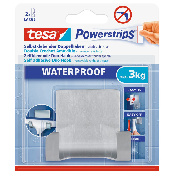 tesa Powerstrips Waterproof Selbstklebender Doppelhaken, Edelstahl, max. 3 kg, 1 Haken / 2 Strips