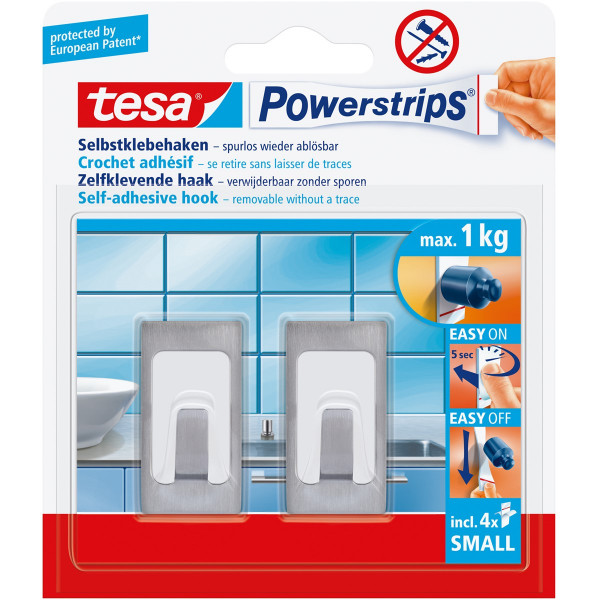 tesa Powerstrips Metall-Kunststoff-Haken max. 1kg Edelstahl/weiß