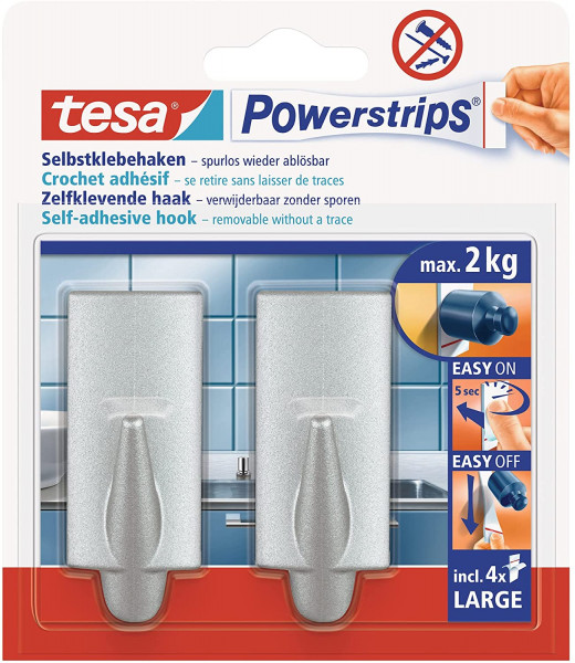 tesa Powerstrips Selbstklebehaken in Chrom (matt), in Large, 2x 2 kg