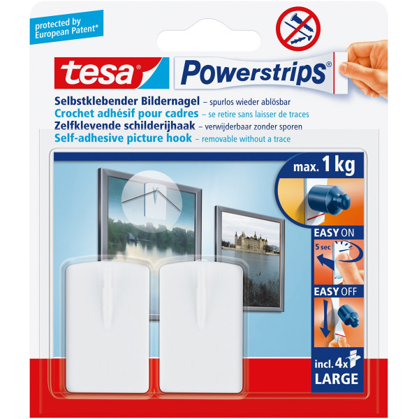 tesa Powerstrips Bilder-Nagel weiß, max. 1 kg, 2 Haken / 4 Strips Large