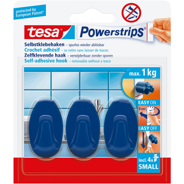 tesa Powerstrips Selbstklebehaken Small Oval, blau max. 1 kg, 3 Haken / 4 Strips Small