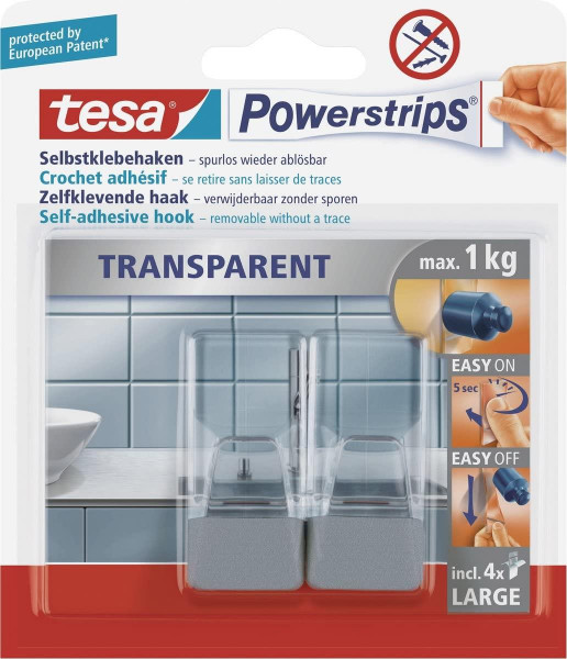 tesa Selbstklebehaken "Powerstrips Transparent" Haken Matt 2St.