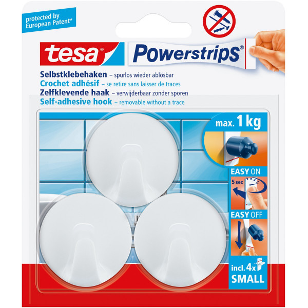 tesa Powerstrips Selbstklebehaken, weiß max. 1 kg, 3 Haken Small Rund